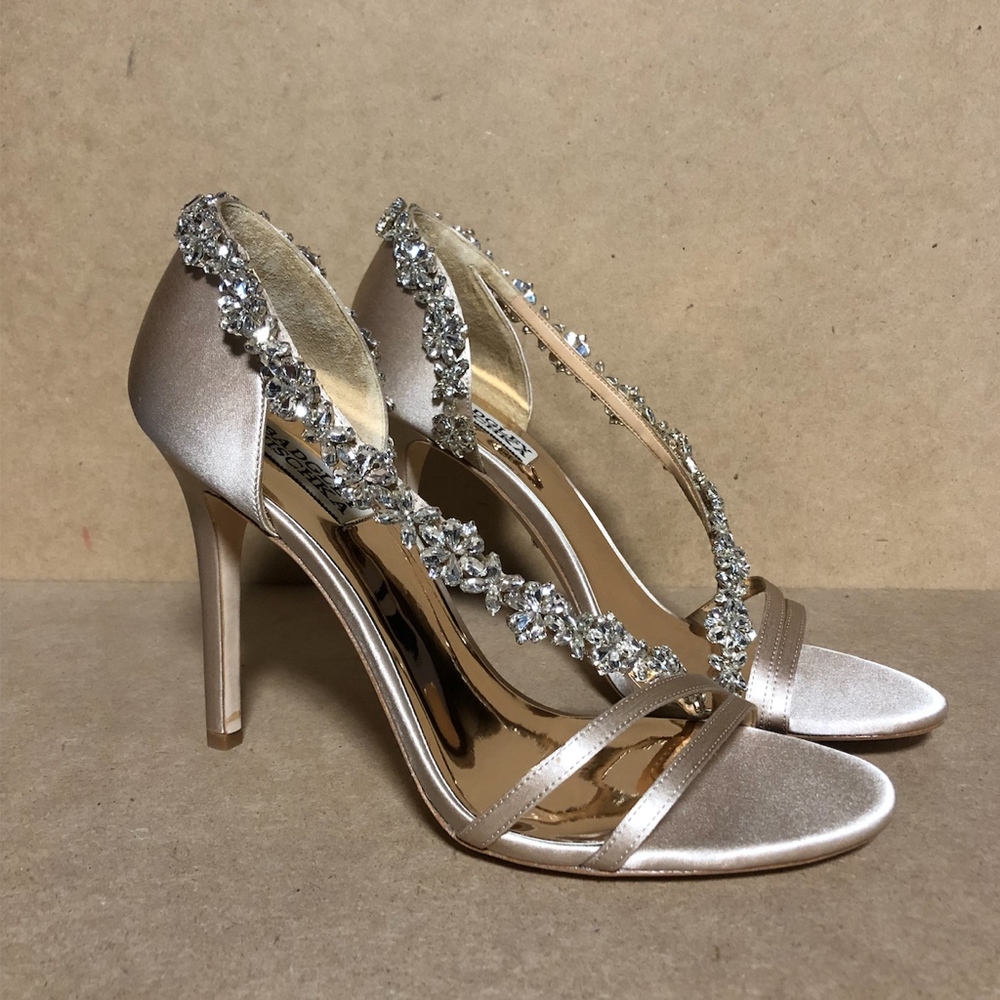 Badgley Mischka Rose Blush Satin Crystal-Strap Stilettos - Picture 4 of 8
